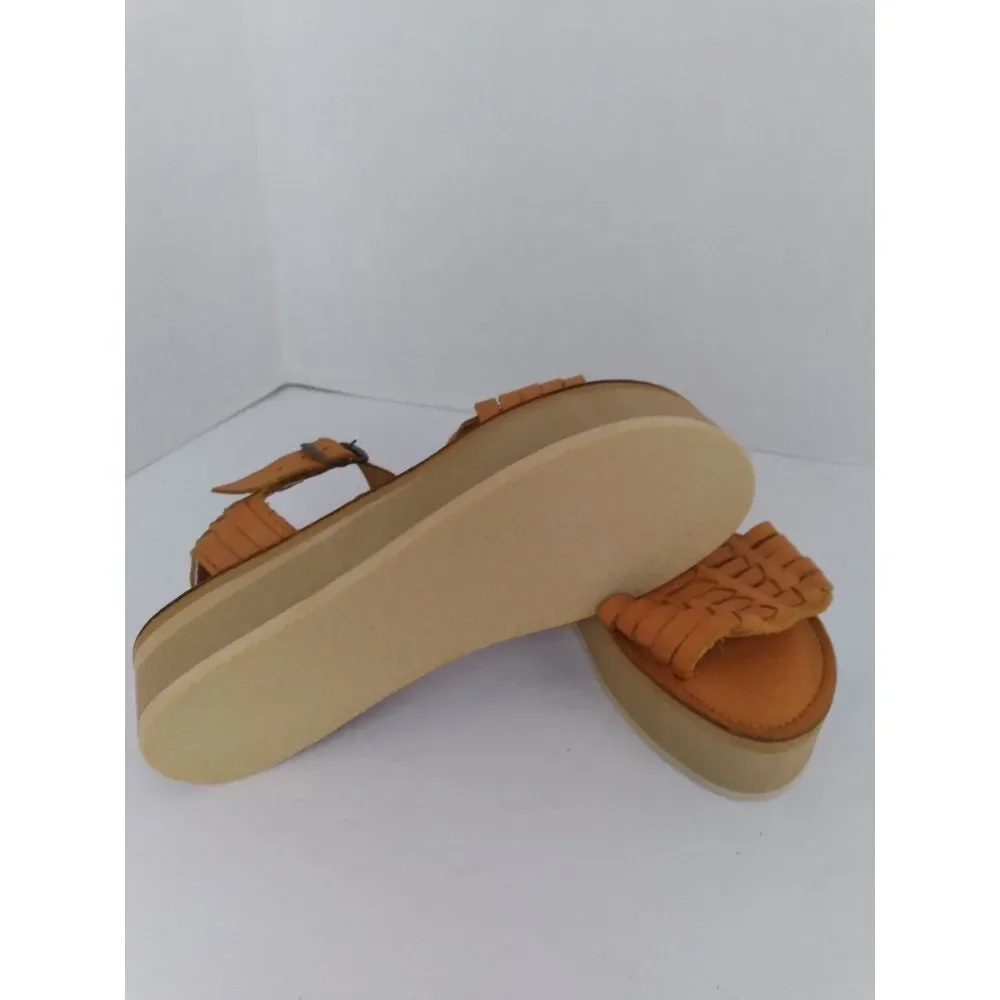 Woven Leather Platform‎ Sandals with Ankle Strap in Tan - Boho Summer Comfort